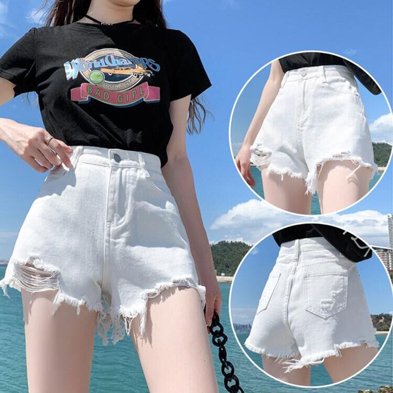 화이트 데님 반바지 여성 2026 새로운 폭발 여름 레트로 핫걸 하이웨이스트 볼륨 측면 빅 사이즈 슬림해 보이는 초단 핫 바지