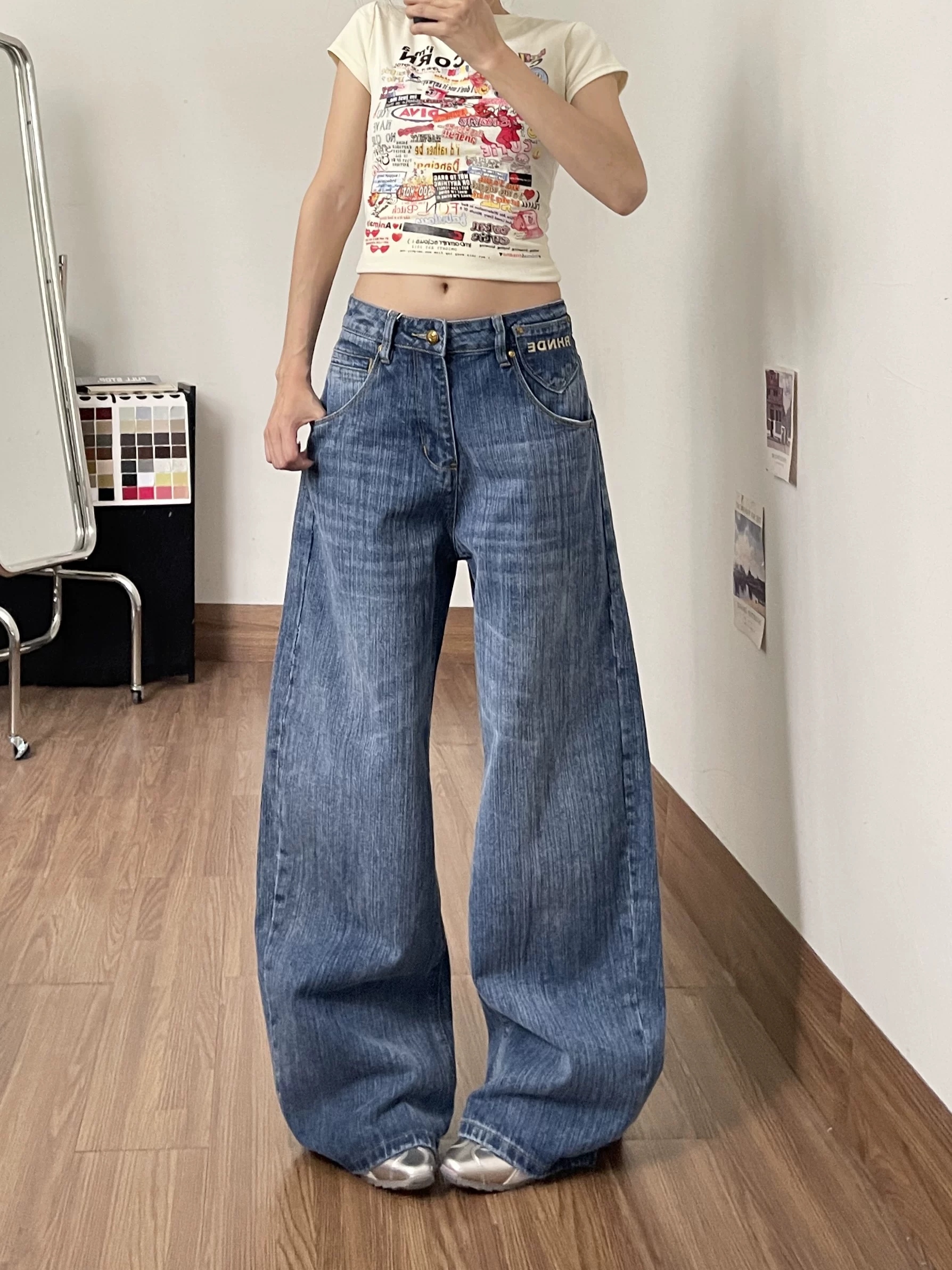 아메리칸 레트로 파리 버클 디자인 대나무 마디 청바지 남녀 워싱 스트레이트 루즈핏 다용도 긴 바지 ins