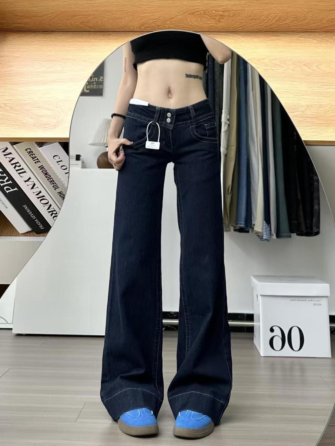 작은 키 아메리칸 레트로 단 닝 블루 트렌디 차가운 로우 웨이스트 부츠컷 청바지 여성 여름 핫걸 캐주얼 슬림해 보이는 긴 바지