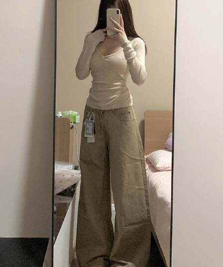 작은 키 아메리칸 레트로 카키 색 넓은 다리 청바지 여성 봄 하이웨이스트 다용도 슬림해 보이는 도루 센스 바닥 청소 긴 바지