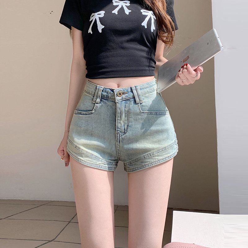 아메리칸 핫걸 레트로 하늘색 하이웨이스트 데님 반바지 여성 여름 얇은 스타일 작은 키 한 마디 디자인 현명한 바지