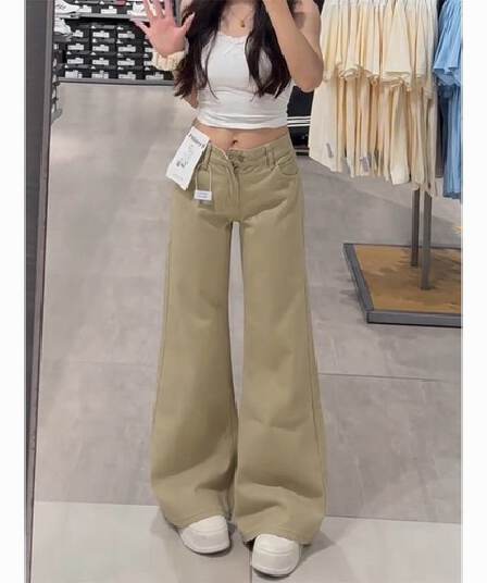 아메리칸 부츠컷 청바지 여성 2026 봄 여름 새로운 카키 색 착용 가져 가라. 패션 미니멀리즘 스타일 디자인 나팔 바지