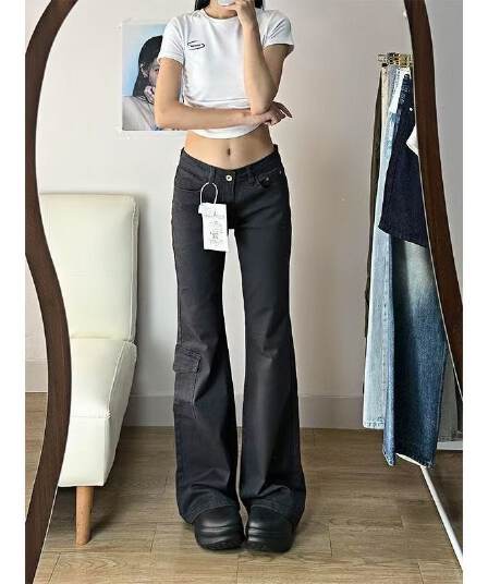작은 키 아메리칸 회색 워크웨어 마이크로 나팔 청바지 여성 핫걸 거리 로우 웨이스트 슬림해 보이는 다용도 호스 슈 긴 바지