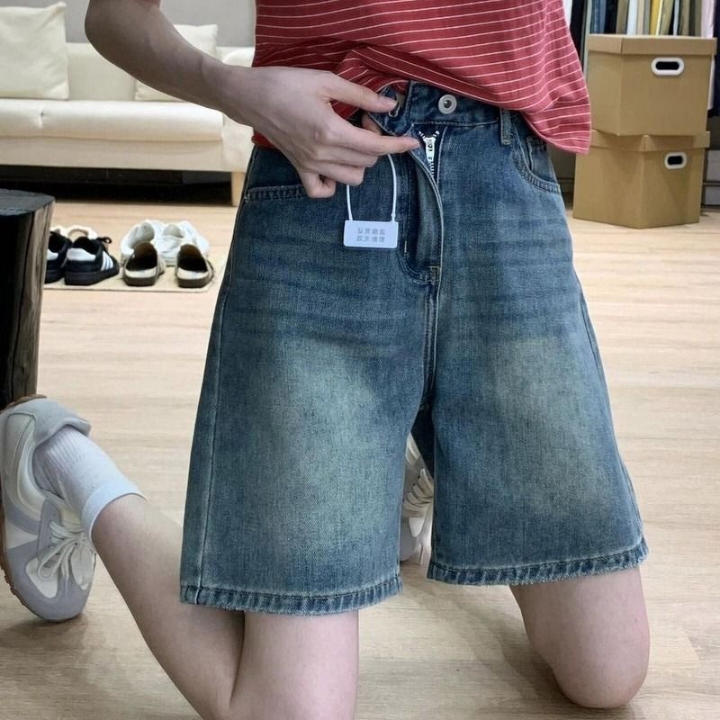 작은 키 높음 거리 레트로 블루 데님 반바지 여성 여름 하이웨이스트 루즈핏 슬림해 보이는 스트레이트 넓은 다리 5 점 중 바지
