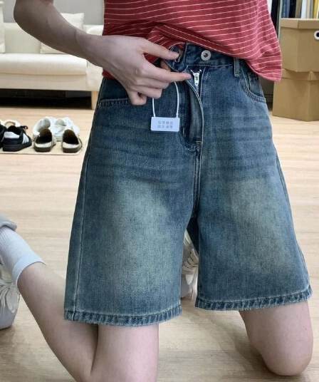 작은 키 높음 거리 레트로 블루 데님 반바지 여성 여름 하이웨이스트 루즈핏 슬림해 보이는 스트레이트 넓은 다리 5 점 중 바지