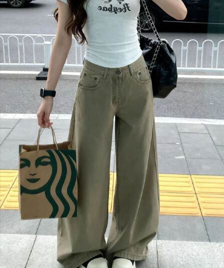 작은 키 아메리칸 레트로 카키 색 하이웨이스트 넓은 다리 청바지 여성 다용도 루즈핏 슬림해 보이는 도루 센스 스트레이트 긴 바지