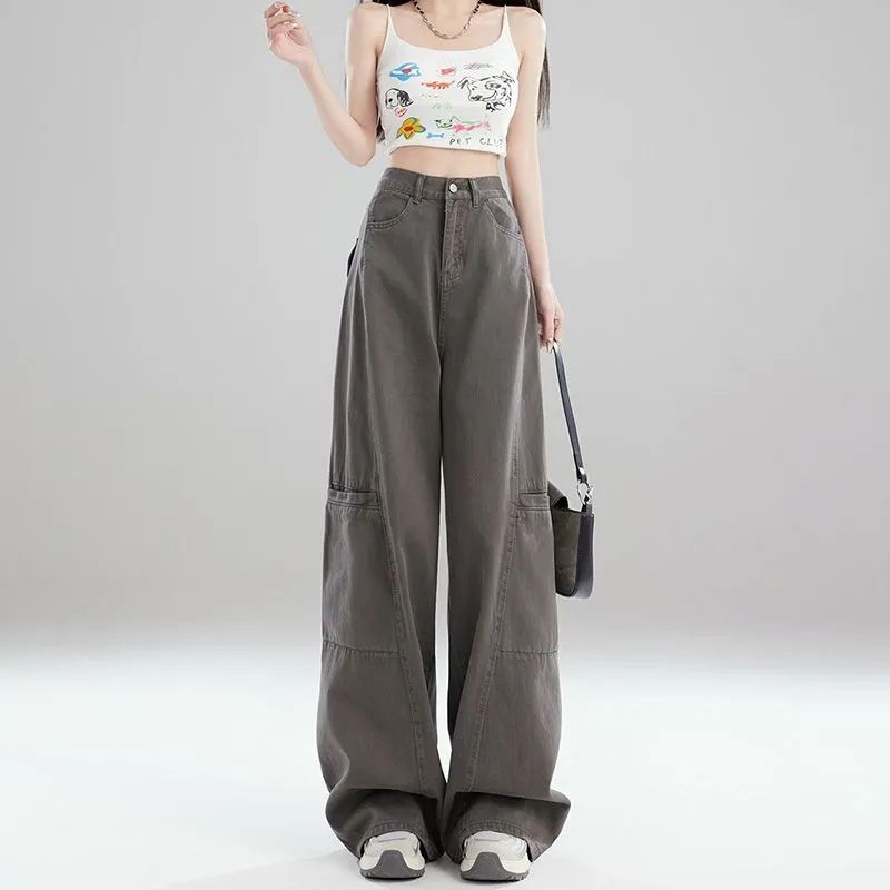 아메리칸 거리 워크웨어 청바지 여성 봄 여름 새로운 하이웨이스트 루즈핏 다용도 캐주얼 스트레이트 데님 바지 트렌디