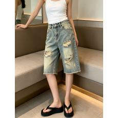 批发复古百搭高腰欧美vibe风美式高街破洞五分裤女直筒牛仔短裤ins潮