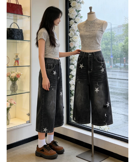 아메리칸 레트로 별 프린트 넓은 다리 데님 반바지 여성 2026 년 새로운 루즈핏 슬림해 보이는 7 점 중 바지 트렌디