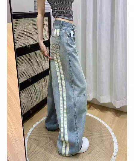 다용도 아메리칸 하늘색 리본 청바지 여성 자수 넓은 다리 봄 여름 루즈핏 워싱 고양이 반드시 바닥 청소 모통이 칼 바지