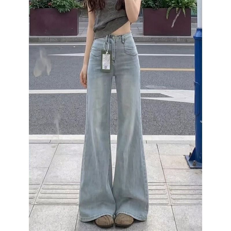 작은 키 아메리칸 하늘색 워싱 마이크로 나팔 청바지 여성 여름 로우 웨이스트 주머니 표지 넓적 다리 넓은 다리 나팔 바지