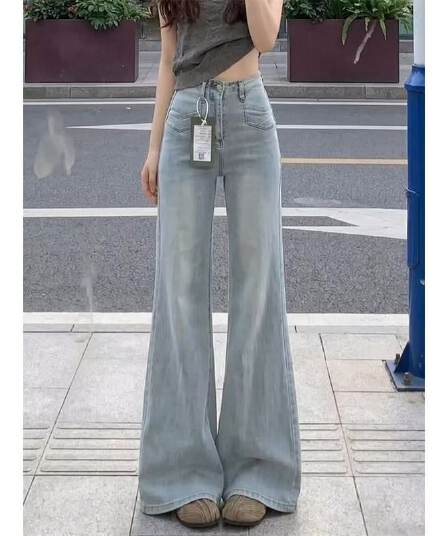 작은 키 아메리칸 하늘색 워싱 마이크로 나팔 청바지 여성 여름 로우 웨이스트 주머니 표지 넓적 다리 넓은 다리 나팔 바지