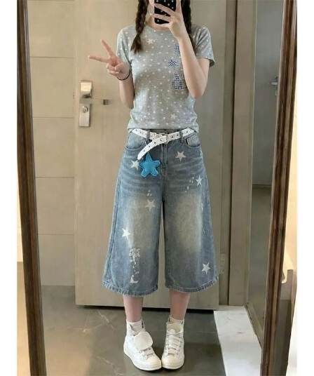 작은 키 워싱 별 프린트 찢어진 부분 디자인 스트레이트 7 점 청바지 여성 여름 루즈핏 슬림해 보이는 바지 트렌디