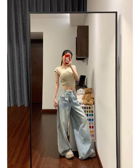 한 부서 하늘색 루즈핏 넓은 다리 청바지 여성 작은 키 로우 웨이스트 슬림해 보이는 도루 센스 다용도 스트레이트 바닥 청소 긴 바지