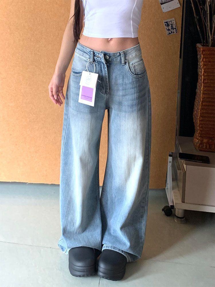 작은 키 아메리칸 핫걸 트렌디 차가운 개성 워싱 모통이 칼 넓은 다리 하이 웨이스트 청바지 여성 여름 루즈핏 긴 바지 트렌디
