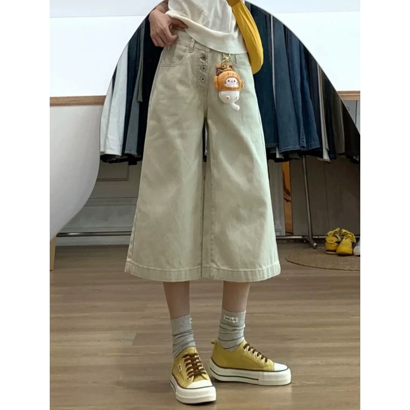 카키 색 청바지 여성 2026 여름 얇은 스타일 하이웨이스트 슬림해 보이는 작은 키 7부 바지 넓은 다리가 짧다. 바지 보은 바지