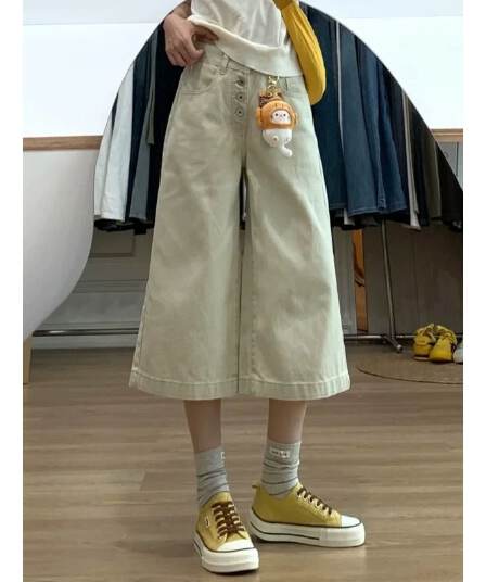 카키 색 청바지 여성 2026 여름 얇은 스타일 하이웨이스트 슬림해 보이는 작은 키 7부 바지 넓은 다리가 짧다. 바지 보은 바지