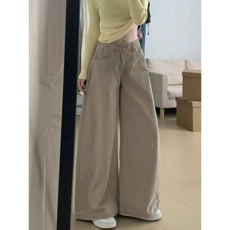 작은 키 아메리칸 카키 색 하이웨이스트 넓은 다리 청바지 여성 여름 캐주얼 루즈핏 슬림해 보이는 도루 센스 스트레이트 긴 바지