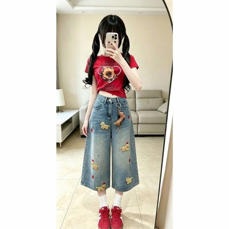작은 키 재미있는 귀여운 파란색 강아지 수건 자수 스트레이트 데님 반바지 여성 여름 캐주얼 7 점 중 바지