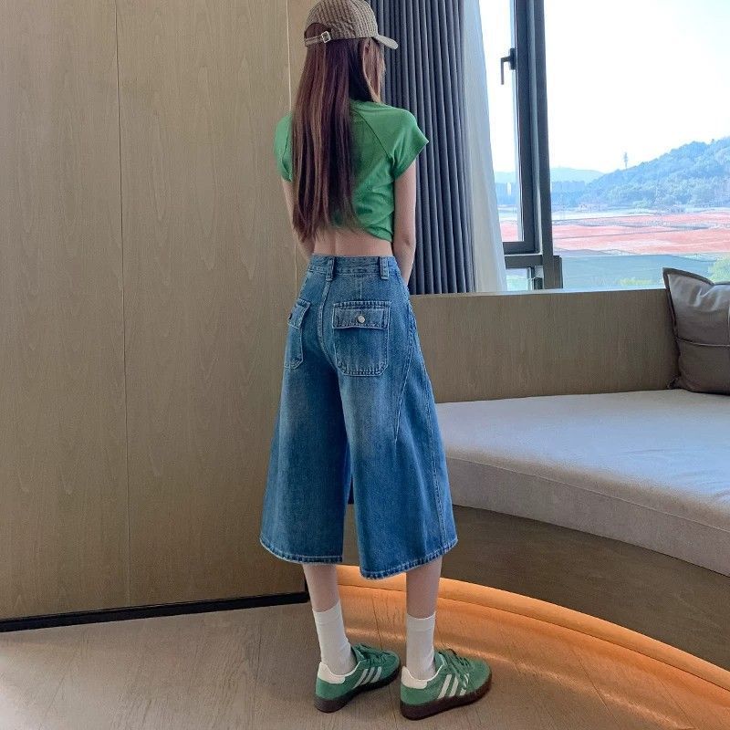 작은 키 파란색 레트로 하이웨이스트 모통이 칼 넓은 다리 7 점 청바지 여성 여름 새로운 루즈핏 디스플레이 슬림 거리 바지