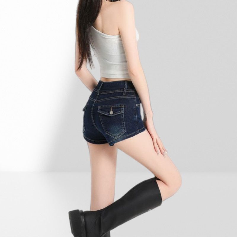 작은 키 핫걸 더블 버클 데님 반바지 2026 여름 새로운 레트로 진한 파란색 하이웨이스트 슬림해 보이는 아메리칸 핫 바지