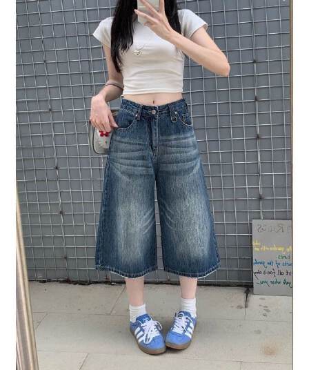 작은 키 아메리칸 높음 거리 레트로 블루 워싱 스트레이트 7 점 청바지 여성 여름 하이웨이스트 슬림해 보이는 넓은 다리 바지