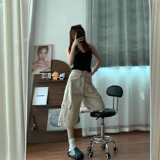 批发浅杏色休闲工装牛仔七分裤<b class='q'>女</b>夏季新款高腰显瘦百度设计感牛仔<b class='q'>短裤</b>