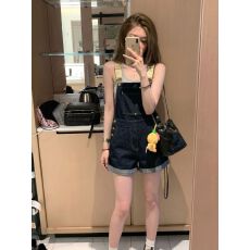 批发美式复古牛仔背带裤女夏薄款小个子宽松显瘦减龄学生高腰<b class='q'>连体</b><b class='q'>短裤</b>