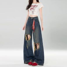 批发胖mm大码复古破洞牛仔裤女夏季<b class='q'>时尚</b>高腰显瘦直筒垂感做旧阔腿裤子