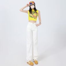 批发白色百搭直筒牛仔裤女夏季薄款新款高腰弹力显瘦垂感拖地烟管裤子