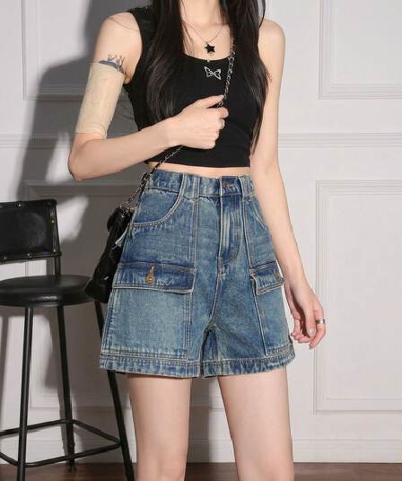 빅 포켓 데님 반바지 여성 2026 년 여름 워크웨어 주머니 하이웨이스트 슬림해 보이는 디자인 센스 한 마디 넓은 다리 핫 바지