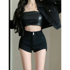 批发小个子设计感不规则弹力牛仔短裤女春秋大码辣妹高腰包臀裤热裤潮