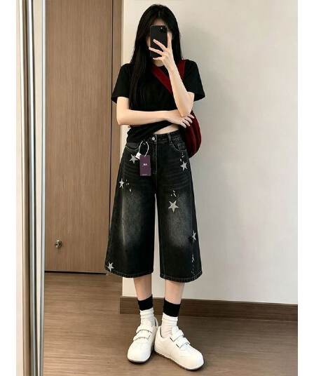 작은 키 블랙 회색 별 프린트 찢어진 스트레이트 데님 반바지 여성 여름 캐주얼 루즈핏 7 점 중 바지