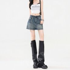 批发超火复古蓝A字高腰牛仔半身裙女美式梨形百搭显瘦防走光包臀短裙