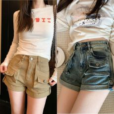 批发复古多口袋牛仔短<b class='q'>裤</b>女夏季高腰显瘦百搭<b class='q'>弹力</b>修身A字热<b class='q'>裤</b>休闲<b class='q'>裤</b>子