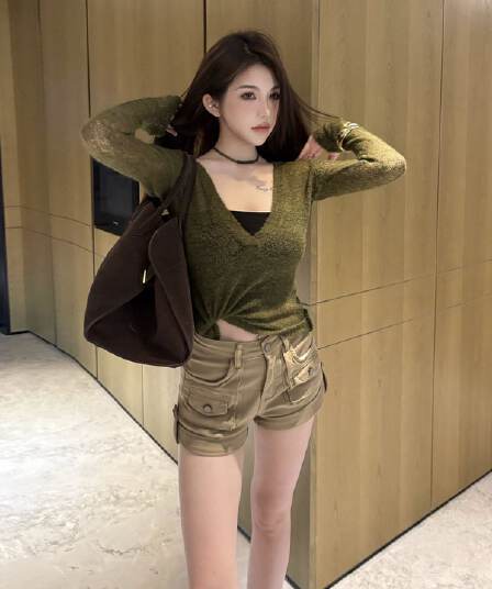 카키 절대 안함 폐기 됨 워크웨어 주머니 데님 반바지 여성 여름 캐주얼 하이웨이스트 슬림해 보이는 신축성 몸매 가꾸기 핫 바지