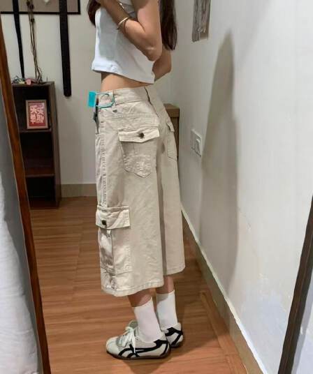 작은 키 살구 색상 워싱 데님 반바지 여성 여름 아메리칸 측면 주머니 디자인 넓은 다리 스트레이트 7 점 바지 트렌디