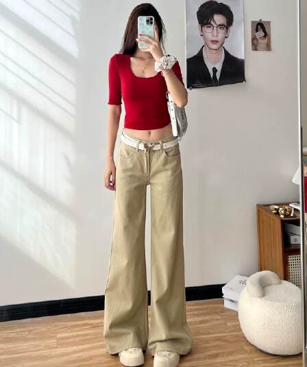 미니멀리즘 다용도 카키 색 부츠컷 청바지 여성 2026 여름 새로운 밝은 스타일 패션 섹션 나팔 바지