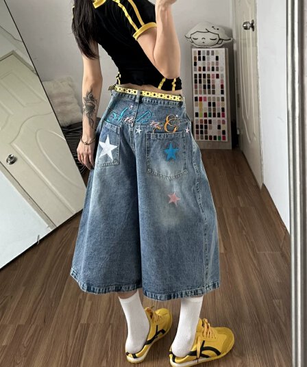 레트로 별 프린트 데님 7부 바지 여성 루즈핏 낙서 블루 바지 거리 바람