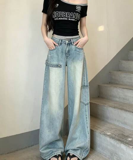 하늘색 워크웨어 기타 주머니 넓은 다리 청바지 여성 아메리칸 레트로 워싱 마 오래된 슬림해 보이는 도루 센스 바닥 청소 롱 바지