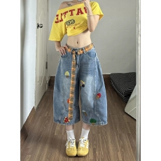 批发美式复古设计感毛巾刺绣七<b class='q'>分</b>牛仔短<b class='q'>裤</b>女夏季宽松直筒阔腿<b class='q'>裤</b><b class='q'>弯刀</b><b class='q'>裤</b>