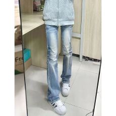 批发小个子浅蓝色美式设计感辣妹弹力牛仔<b class='q'>裤</b>女秋季窄版直筒修身长<b class='q'>裤</b>潮
