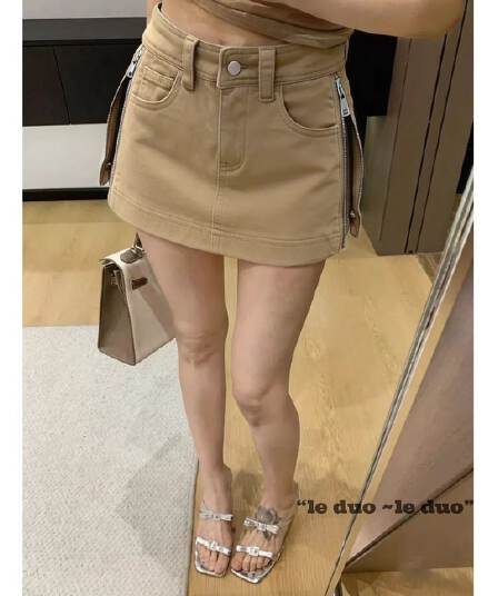 카키 색 하이웨이스트 지퍼 디자인 데님 미니 스커트 여성 새로운 여름 한국 스타일 타이트 스커트 슬림해 보이는 A라인 스커트 반신 스커트
