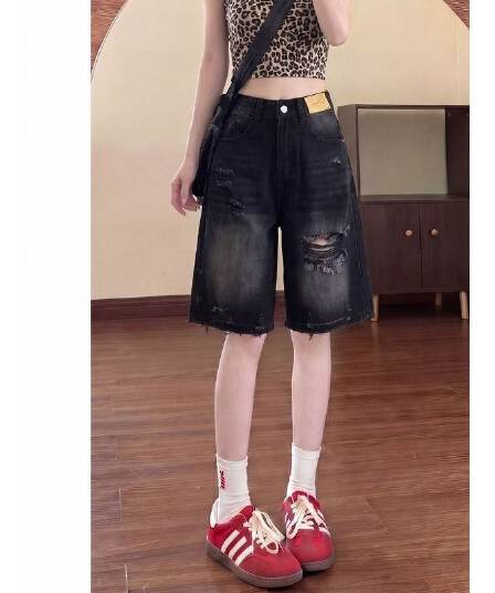 작은 키 블랙 회색 레트로 마 오래된 찢어진 부분 넓은 다리 5 점 데님 반바지 여성 여름 새로운 아메리칸 루즈핏 바지