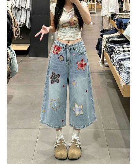 아메리칸 도파민 별 패치 자수 7 점 청바지 여성 여름 새로운 루즈핏 슬림해 보이는 넓은 다리 7부 바지