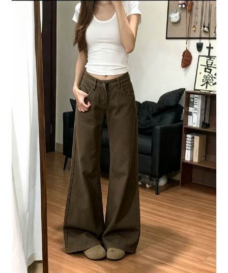 작은 키 덕 당겨서 레트로 브라운 커피 색상 부츠컷 청바지 여성 가을 다용도 슬림해 보이는 로우 웨이스트 나팔 긴 바지 트렌디