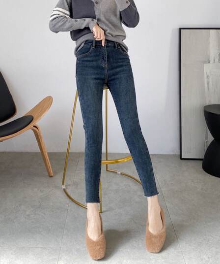 작은 키 블랙 회색 연필 거친 가장자리 청바지 여성 가을 겨울 8 점 단단한 높이 폭탄 몸매 가꾸기 다용도 작은 발 바지