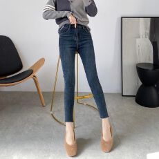 批发小个子黑灰铅笔毛边牛仔裤<b class='q'>女</b>秋冬八分紧身高弹修身百搭小脚裤