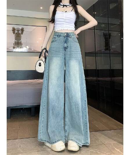 작은 키 하늘색 워싱 하이웨이스트 넓은 다리 청바지 여성 가을 아메리칸 높음 거리 캐주얼 루즈핏 스트레이트 긴 바지