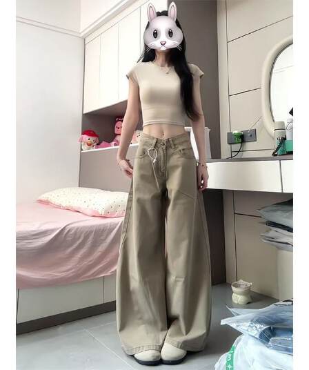 작은 키 레트로 아메리칸 카키 색 캐주얼 넓은 다리 청바지 여성 가을 하이웨이스트 슬림해 보이는 다용도 도루 센스 긴 바지